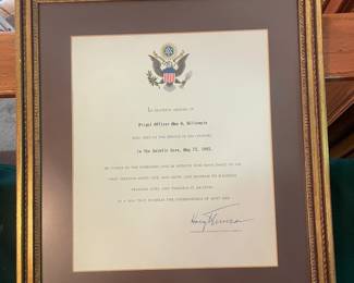 FRAMED WW-2 CITATION SIGNED BY PRESIDENT TRUMAN...