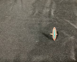 Sterling, turquoise and coral ring