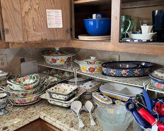 Colorful dishes and kitchen tools