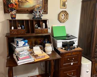 Small secretary, wooden organizer, HP printers and wooden file cabinet