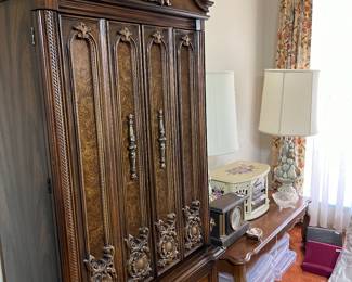 European chest, French Provincial coffee table, vintage lamps and stereo