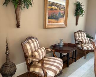 Custom upholstered French provencial style bergere chairs by Sherrill 