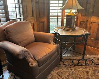 Sherrill upholstered club chair and wrought iron base table 