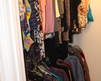 Closet is full of blouses and sweaters.  Sizes range from medium to extra large.