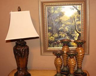 Lamp, candle holders and oil painting.  