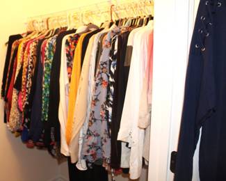 Closet is full of ladies' clothing.  Sizes are medium to extra large.