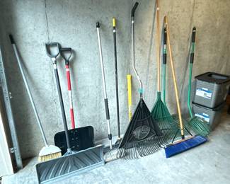 Misc. Shovels and Rakes, Push Broom, Cat Litter Boxes.