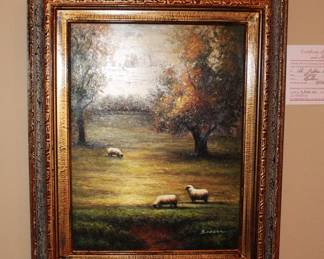 Painting of sheep in a meadow.  