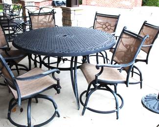 Agio 5' Dia. Round Table and Six Swivel Chairs w/Umbrella Stand Base and 9' Umbrella.                                   BUY IT NOW!    $800.00.