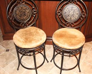 Pair of Gold Seat Bar Stools.                                                                BUY IT NOW!  $125.00                                                                              18" W x 43" H x 18" D.