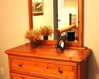 TimberCrest Dresser w/Mirror.                                                         BUY IT NOW!  $375.00                                                                          Dresser: 18" D x 39" W x 35" H.                                          Mirror: 29 1/2" W x 48" H.