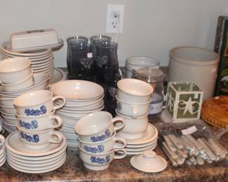 Pfaltzgraff china, glasses and cutlery.  