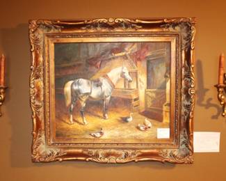 Oil painting with pair of sconces.  