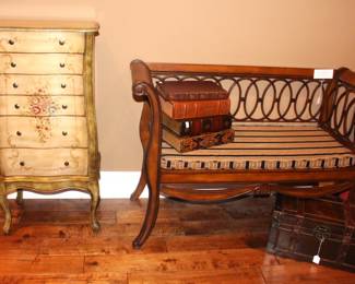 Powell furniture jewelry case, padded bench, wooden boxes that look like books and small trunk.