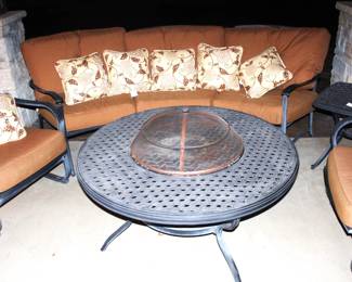 Agio 48" Patio Table/Fire pit and Three Seat Bench  w/Cushions and Two Side Arm Chairs.    BUY IT NOW!  $1350.00.