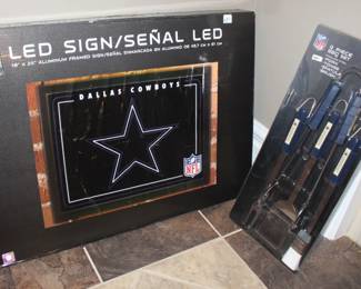 Dallas Cowboys LED sign and grilling utensils.  