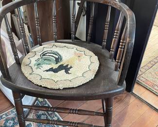 Set of five Antique Victorian Oak arm chairs with Period Needle Point Seat Pads. Price $2000