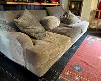 Extra Large Gray Velvet Down-filled Sofa on raised Walnut Legs, $1250