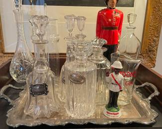 Various Vintage & Antique Decanters. Glass, Crystal, & Liquor Badges. Silver Tray