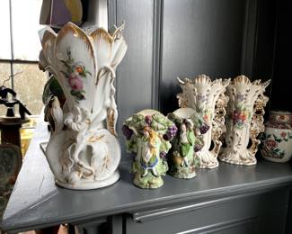Old Paris Large Vase, $195, Pair of Missal Porcelain Vases, $125, Pair of Old Paris Vases, $165.