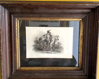 1809-1893 Karl Bommer etching "Blackfoot Indian on Horseback." Antique wooden and Gold leaf Frame. $375
