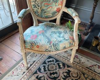 French Fauteuils Upholstered in Jean Paul Gautier Tattoo Fabric. $3800