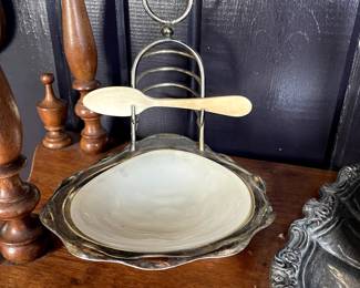 Antique Silverplate Toast Rack w/ Oyster Shell Shaped Caviar dish w/ Spoon. $225