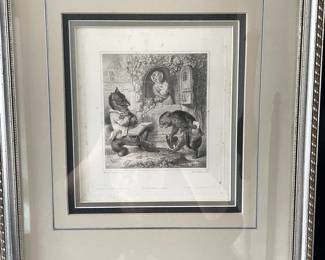 German Etchings 1846, Artist Adrian Schleich Illustration from Reinke Fuchs by Johann Wolfgang Von Goethe Titled "Cat and the Fox". $795