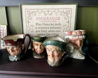 Royal Doulton Toby Mugs. Left to Right. Ole Charlie, $30, Toby mug, $25, Auld Mac, $65, Neptune, $110