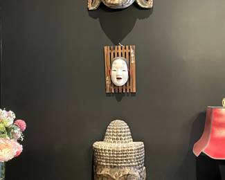 Antique Kwan Yin $595, Japanese Theater Mask $190, Antique Wooden Buddha $595.