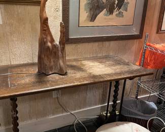 19th Century Barley Twist Console Table, $625. Vintage Cypress Knee Wood Table Lamp, $250. Vintage Vanity Chair, $75