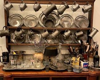 1700's Plate & Cup Rack Walnut $400. Collection of Antique 1800's Pewter Dishes/Cups/Tankards/Tea Service/ Beer Pitchers/3 arm Candelabra/Compote/& Wine Coaster. 52 pieces. $1895