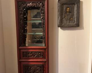 Wood and mirror wall shelving unit