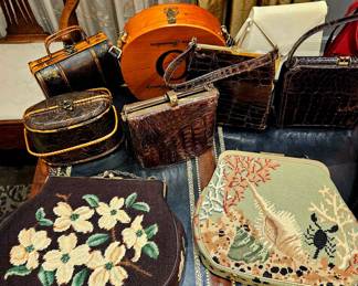 Incredible vintage purses: needlepoint oversized bags, 40s, 50s, 60s and 80s  [note alligator purses are all bought]