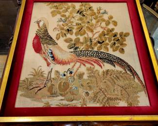 Needlepoint pheasant, Victorian with Beautiful Mahogany frame