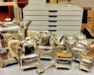 Elkhorn SP tea and coffee service, Gold wash lined and with bone handles and knob decoration. Full set. Incredible. 