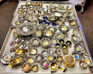 Lots of Sterling salts-some w cobalt liners, catch  alls, bowls, nut dishes, butter pats, gravy boats, most are Victorian 