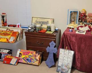 Vintage toys, dolls, bed-side table