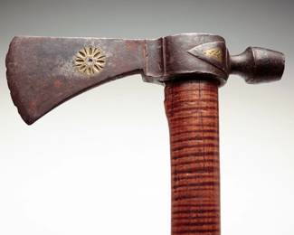 Rare and important axe believed to have belonged to Techumseh. Purchased by Bruce Knight out of a home in Springfield, Ohio and sold to Clark Garrett (Ohio), then sold at Mike Clum's Clark Garrett auction, lot 1059, June, 2002. See "Tecumseh, A Life" by John Sugden for the narrative related to a silver inlaid pipe tomahawk that was taken from Tecumseh during a council meeting in Springfield, Ohio on June 24, 1807. Selling at auction on January 5-6, 2024. View details at www.ameliajeffers.com/theknightauction.