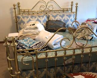 King size brass bed-includes bed frame, mattress, box springs and bedding, Kilim rug