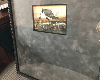 Small barn painting in offset larger frame