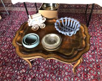 Coffee table with leather removable tray top, decor, ashtrays. Big area rug is for sale