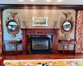 Pr of&nbsp;Mahogany & Satinwood Marquetry&nbsp;Inlaid Wall Mounted Demi-Lune Tables                                                      