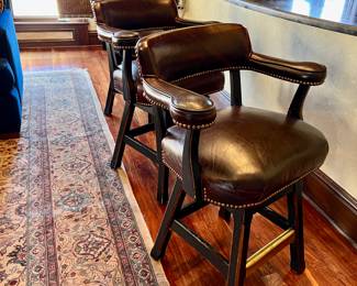 Set of 3 Brass Buttoned Leather Upholstered Bar Stools