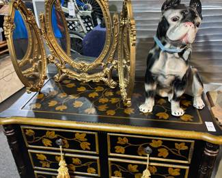 Hand Painted Dresser/Fold Out Table top Vanity Mirror & Ceramic Bulldog