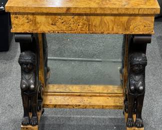 Egyptian Revival Baker Carved Burled Walnut Sphinx Entrance Table 