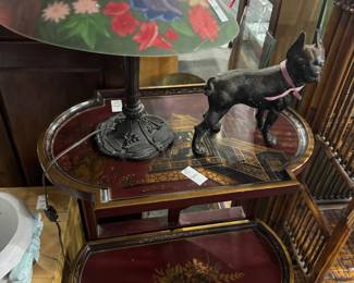 Table, Art Glass Lamp & Cast Iron Dog Doorstop