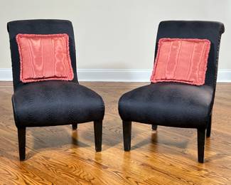 (2PC) PAIR SLIPPER CHAIRS | Pair of black slipper chairs with scrolled back snakeskin style upholstery. - l. 31 x w. 21.5 x h. 30 in

