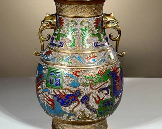 ANTIQUE JAPANESE CHAMPLEVÉ ENAMEL VASE | Colorful Japanese champlevé vase showing dragons with dragon relief handles. -  h. 12 x dia. 8 in (without wooden base)

