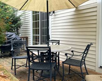 (6PC) SMITH & HAWKEN CAST ALUMINUM PATIO FURNITURE | High-quality patio furniture, Including four armchairs and a round table with cast aluminum faux mosaic top (h.30 x dia. 48) plus an umbrella. - l. 26 x w. 24 x h. 35 in (armchair)

